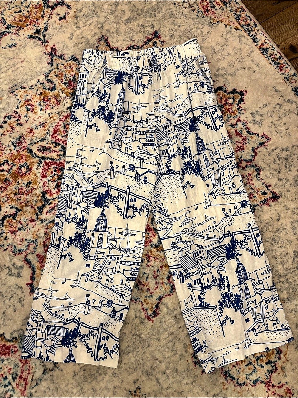 Calypso St. Barth Printed Wide Leg Pants in White & Blue Size Medium
